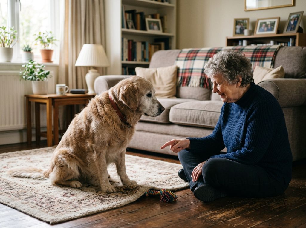 A warm, cozy living room scene - 7 Gentle Brain Games for Senior Dogs to Prevent Cognitive Decline