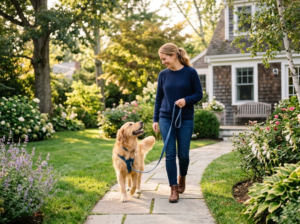 A woman walking a Golden Retri - How to Train Your Dog to Walk on a Loose Leash in 2 Weeks: The Stress-Free Guide