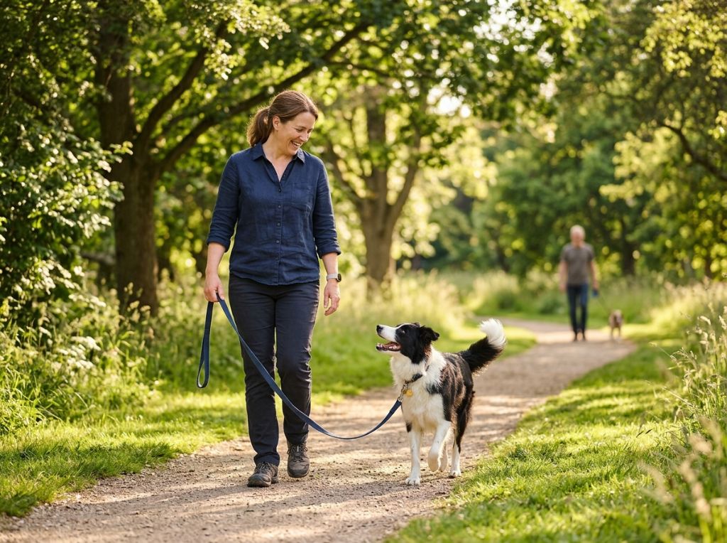 A woman walking a happy Border - Training the Reactive Dog: A Stress-Free Path to Peaceful Walks