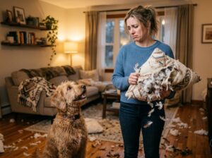 A frustrated dog owner holding - Why Your Dog’s 'Bad Behavior' Is Actually a Boredom Crisis (and the Science-Backed Way